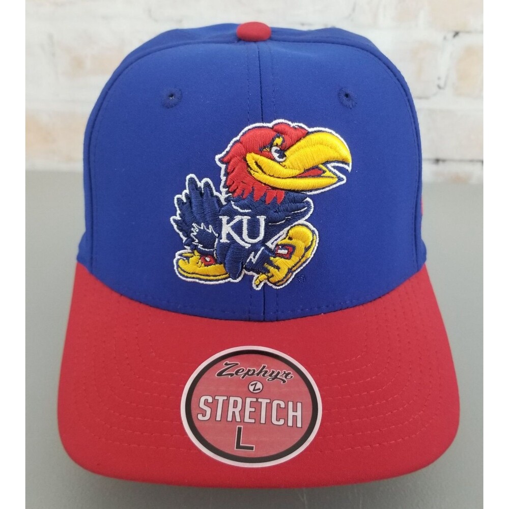 NWT Zephyr University of Kansas Jawhaks Blue/Red Stretch Fit Hat/Cap Sz Large